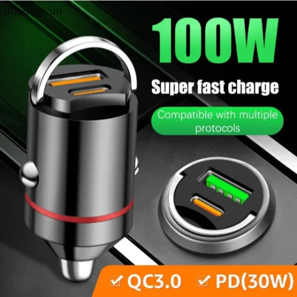 100W Dual Port Mini Car Phone Charger Tiny USB Port   Type C Adapter Fast Charging Phone Holder